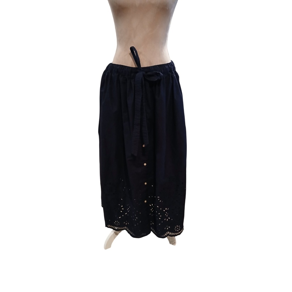 Free Assembly Navy Blue Eyelet Midi Skirt Button Front Scallop Hem Womens Size M